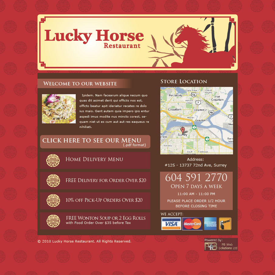 PB Web Solutions Ltd sample website design, Lucky Horse Chinese Restaurant